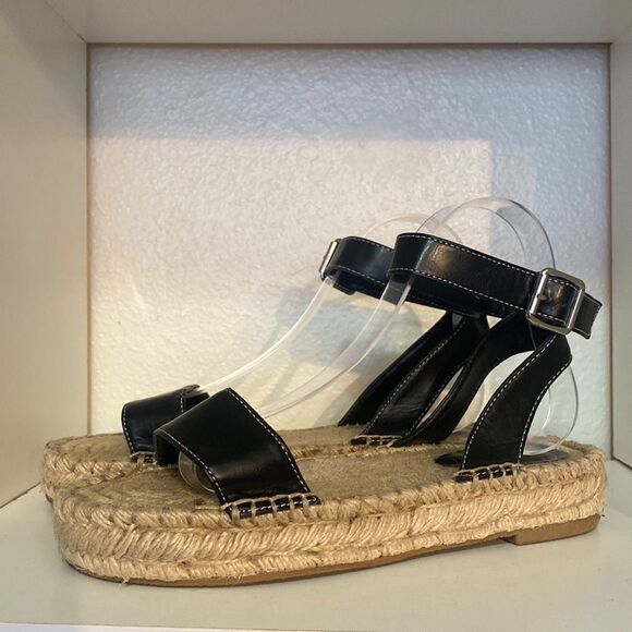 Urban Outfitters Black Leather Espadrille Sandals Ankle Strap Jute Sole Summer - Picture 8 of 14